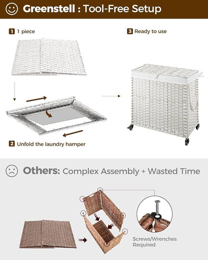 Greenstell Laundry Hamper with Wheels&Lid, 130L Large 3 Sections Clothes Hamper - Image 6