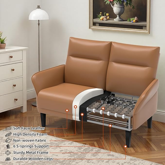Faux Leather Loveseat with Wide Armrests, Slanted Shawl Arm 2-Seater Sofa - Image 7
