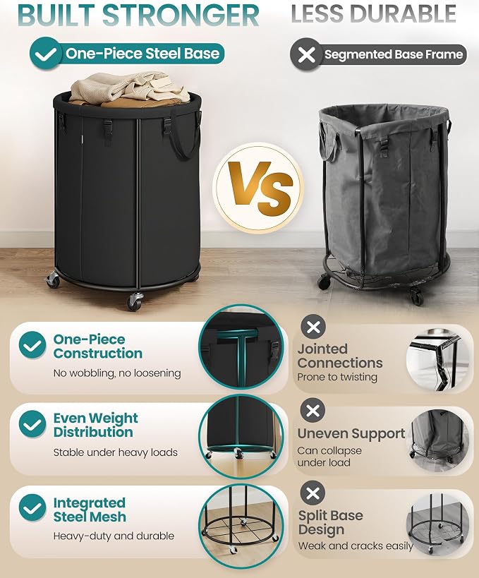 SONGMICS Laundry Basket with Wheels, Rolling Laundry Hamper with Steel Frame - Image 3