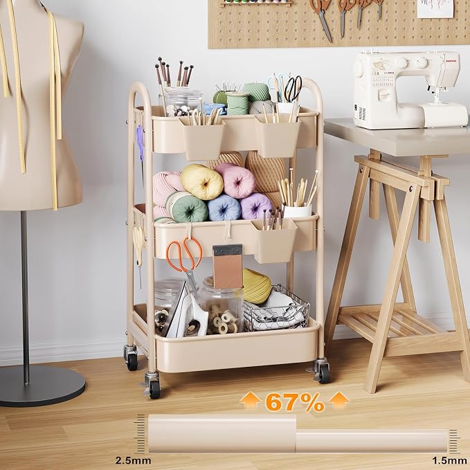 Beige 3 Tier Rolling Cart Metal on Wheels, Three Tiered Storage Organizer - Image 8