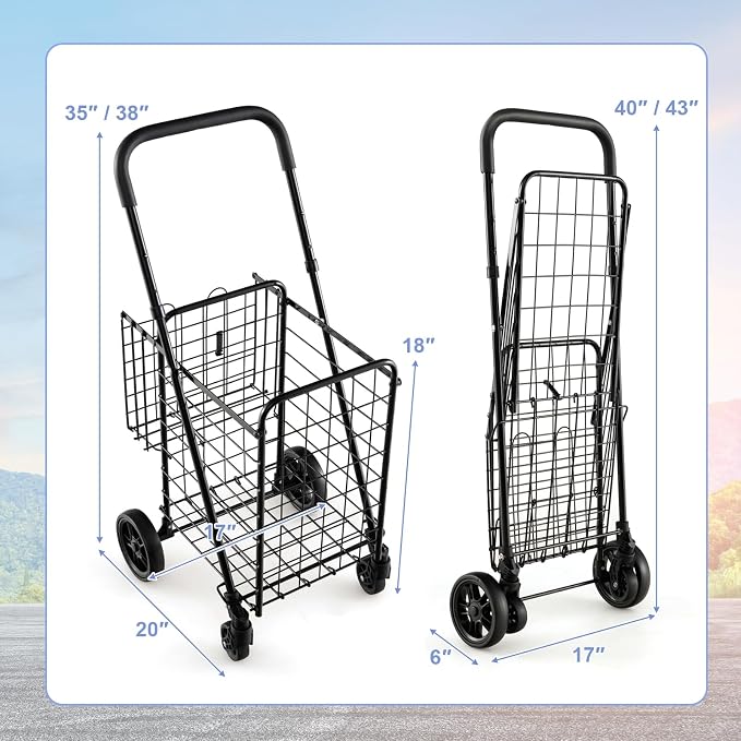 Goplus Folding Shopping Utility Cart, Double Basket and 360° Swivel Wheels - Image 8