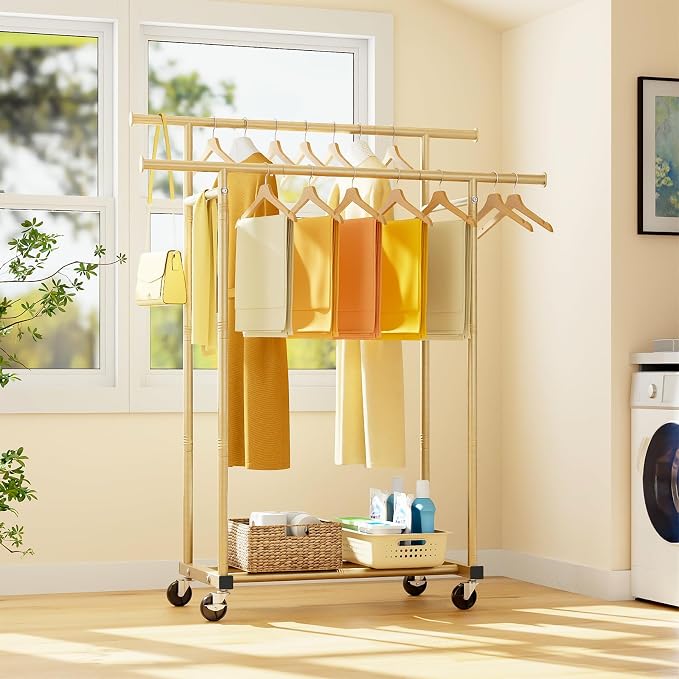 HYSEYY Double Rods Clothes Rack, Sturdy Rolling Clothing Rack, Portable - Image 8