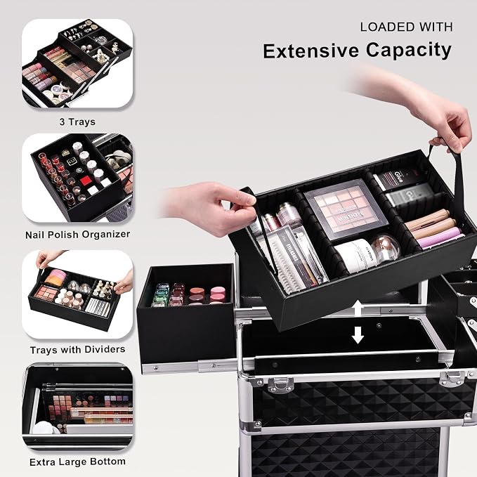Stagiant Rolling Makeup Train Case Large Storage Cosmetic Trolley 4 Tray - Image 3