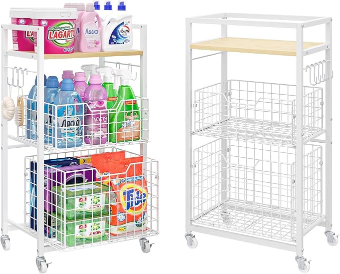 3 Tier Laundry Room Cart with Pull-Out Baskets, Utility Cart Rolling Storage by Huxitocan