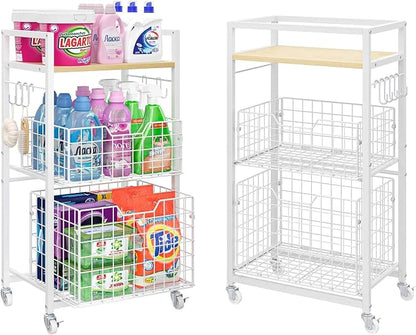 3 Tier Laundry Room Cart with Pull-Out Baskets, Utility Cart Rolling Storage by Huxitocan