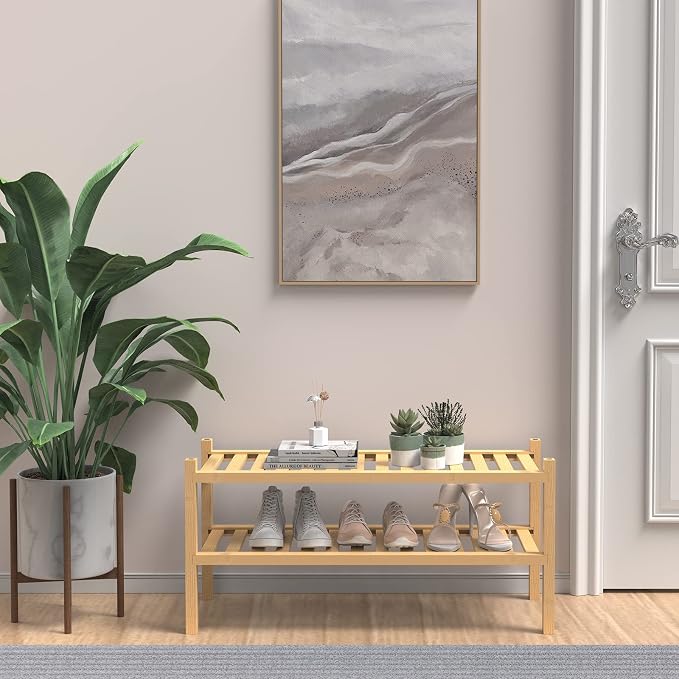 (Thick Bamboo Shoe Rack for Entryway, 2-Tier Free Standing Shoe Racks Stackable - Image 2