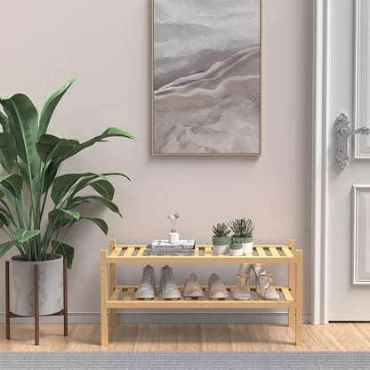 (Thick Bamboo Shoe Rack for Entryway, 2-Tier Free Standing Shoe Racks Stackable - Image 2