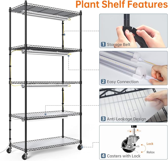 Bstrip Plant Shelf with Grow Light, 5-Tier Plant Stand with T8 24W Grow Light - Image 5