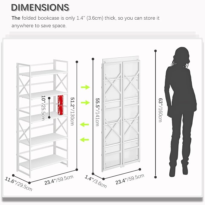 4NM 5 Tiers No Assembly Book Shelves, 51.2" H Folding Bookshelf Bookcase Open - Image 2