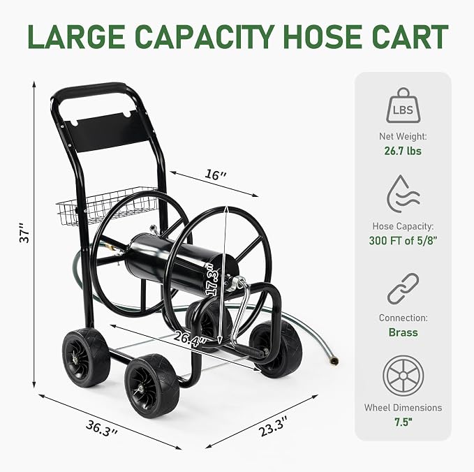 VINGLI 300FT 5/8in Garden Hose Reel Cart, 4-Wheel Portable Residential Hose - Image 5
