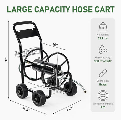 VINGLI 300FT 5/8in Garden Hose Reel Cart, 4-Wheel Portable Residential Hose - Image 5