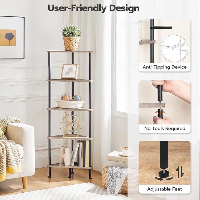 HOOBRO Corner Shelf Stand, Industrial 5-Tier Corner Bookshelf - Image 6