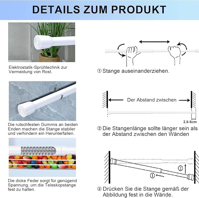 AIZESI Spring Tension Rods Adjustable Tension Curtain Rod Small Tension Rod No - Image 6