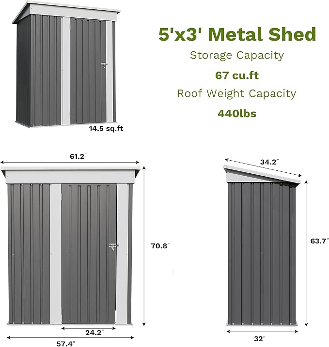 Patiowell 5x3 FT Outdoor Storage Shed, Garden Tool Shed - Image 3