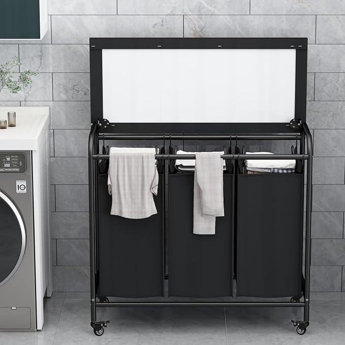 LINZINAR 3 Bag Laundry Basket Sorter Heavy Duty Rolling Lockable Wheels Laundry - Image 3