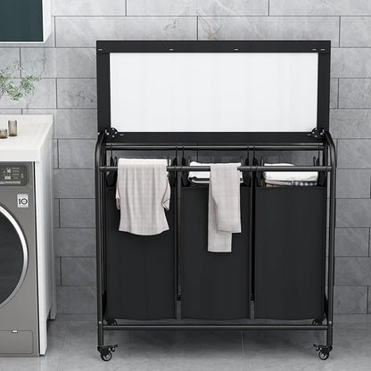 LINZINAR 3 Bag Laundry Basket Sorter Heavy Duty Rolling Lockable Wheels Laundry - Image 3