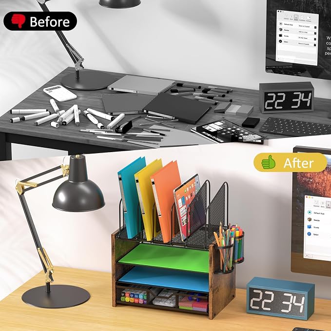 DAOUTIME 4-Tier Mesh Desk Organizer, Wooden Desk File Organizer - Image 7