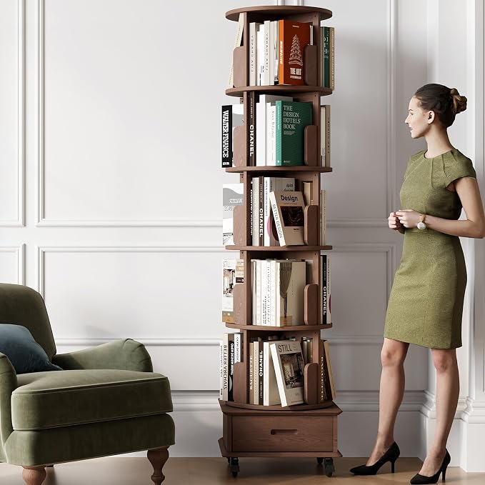 Solid Wood Rotating Bookshelf Tower on Wheels, 5-Tier Spinning Bookcase - Image 3