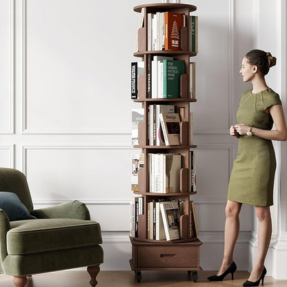 Solid Wood Rotating Bookshelf Tower on Wheels, 5-Tier Spinning Bookcase - Image 3