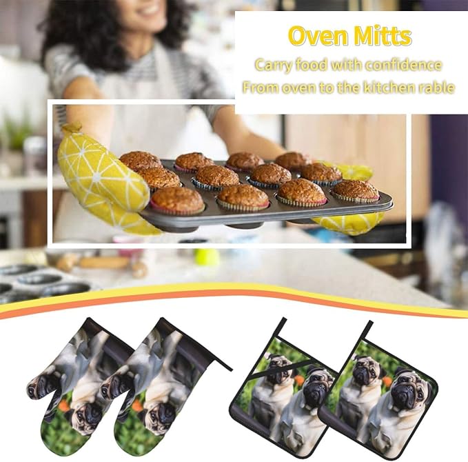 Pugs in The Garden Oven Mitts and Pot Holders 4-Piece Set, Extended Kitchen - Image 6