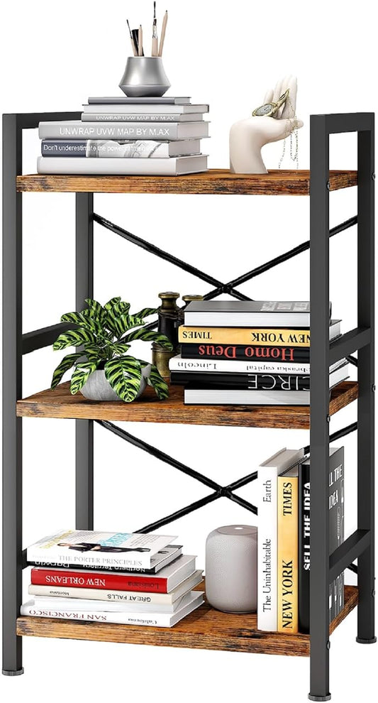 Homeiju Bookshelf, 3 Tier Industrial Bookcase, Metal Small Bookcase, Rustic by Homeiju