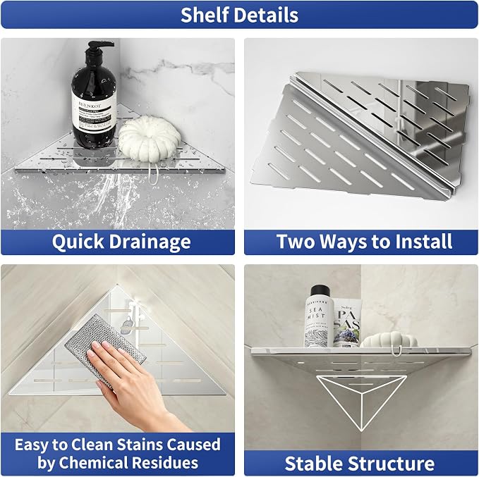 Corner Shower Shelf 10" Polished 304 Stainless Steel Recessed Corner Shelves - Image 2