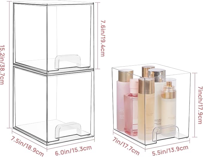 Vtopmart 7.6" H Clear Stackable Storage Drawers, 4 Pack Plastic Organizers Bins - Image 3