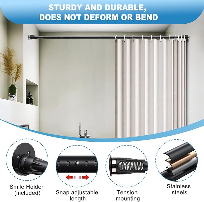Tension Curtain Rod, 42 to 115 inch Adjustable Heavy Duty black shower curtain - Image 2
