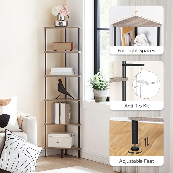HOOBRO Corner Shelf Stand, Industrial 6-Tier Corner Bookshelf - Image 6