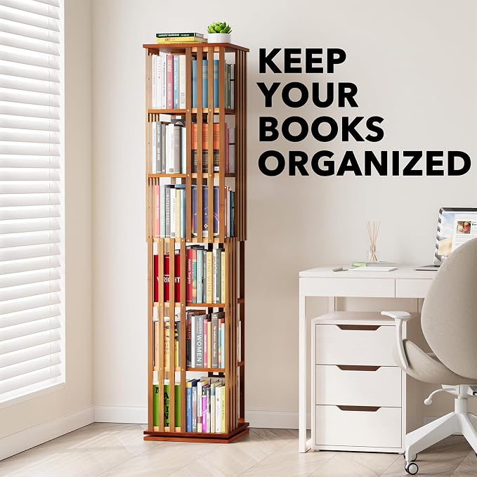 SpaceAid 6 Tier Rotating Bookshelf Tower, Bamboo Spinning Book Shelf, Revolving - Image 6