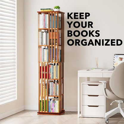 SpaceAid 6 Tier Rotating Bookshelf Tower, Bamboo Spinning Book Shelf, Revolving - Image 6