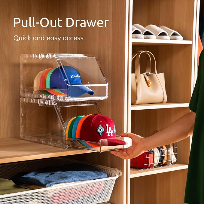 Ozueccr 2 Pack Hat Organizer for Baseball Caps – Stackable Clear Display Box - Image 3