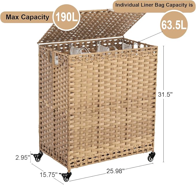 Laundry Hamper with Wheels&Lid, 50.2 Gallons Rolling Laundry Basket with Wheels - Image 4