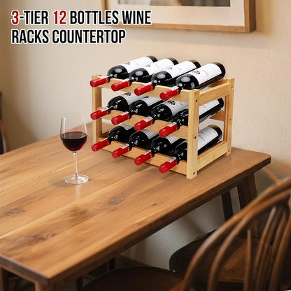 Bamboo Wine Rack, 3-Tier 12 Bottles Wine Storage Cabinet Shelf, Easy-Assembly - Image 2