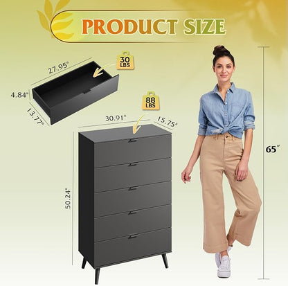 WLIVE 5 Drawer Dresser for Bedroom, Tall Wooden Dresser, Chest of Drawers for - Image 3