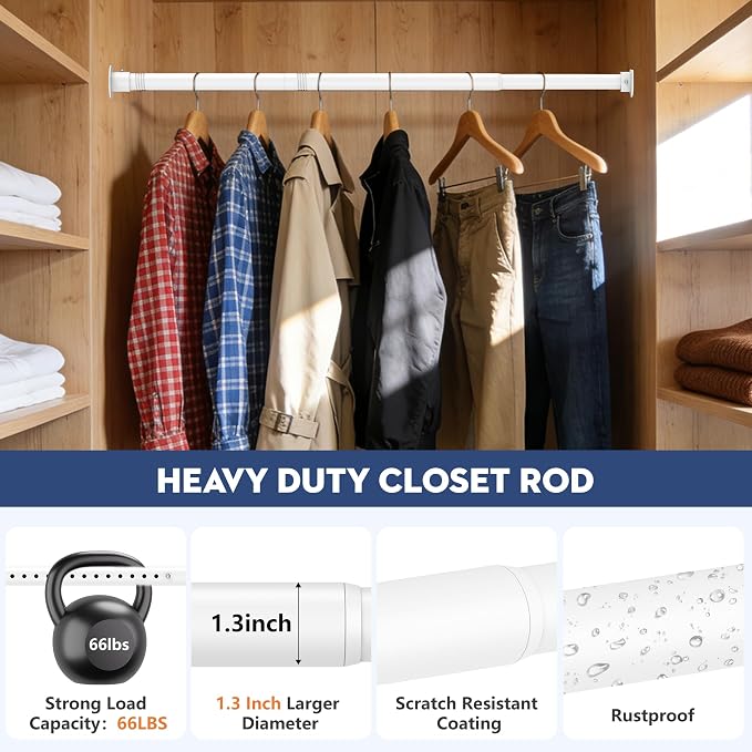 Heavy Duty Closet Rod, Adjustable 17-74 in, 1.3" Diameter | White, Suitable - Image 3