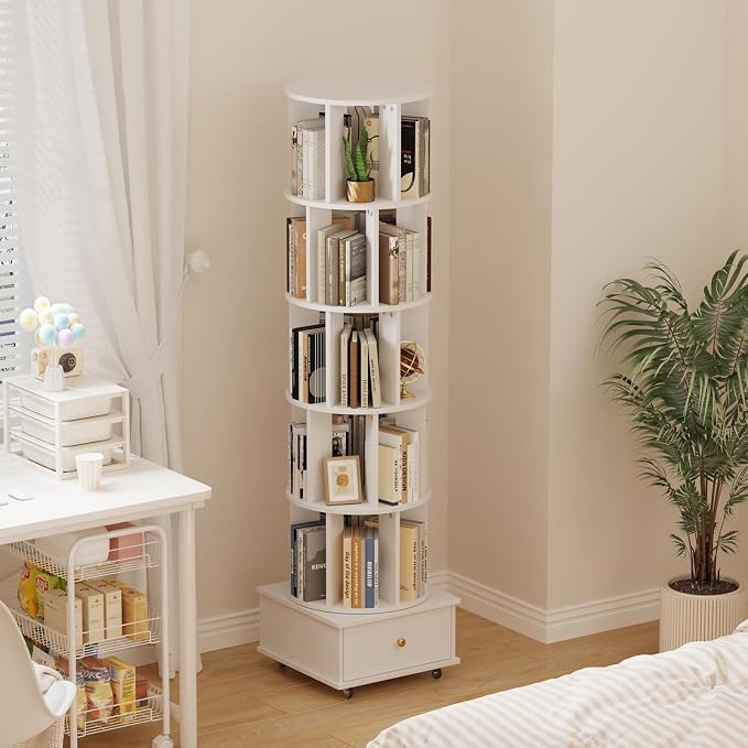 5-Tier Rotating Bookshelf with Drawers on Wheels, 360° Spinning Corner Bookcase - Image 3