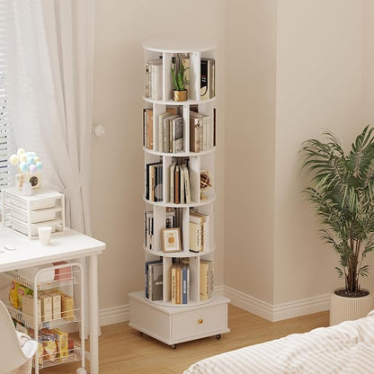 5-Tier Rotating Bookshelf with Drawers on Wheels, 360° Spinning Corner Bookcase - Image 3