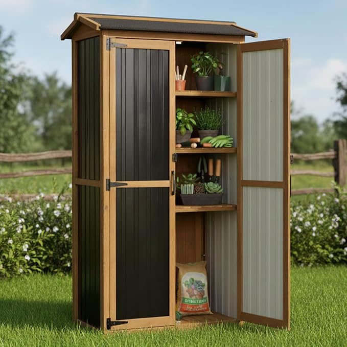 Ketive Outdoor Storage Cabinet, Wood & Metal Garden Cabinet - Image 6