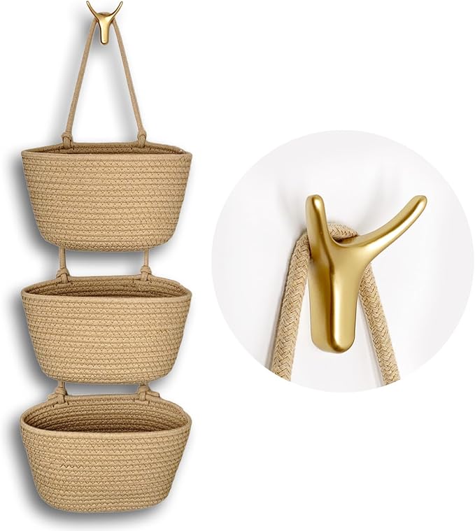 3-Tier Decorative Cotton Rope Hanging Basket, Wall-Mounted Woven Storage by Unknown