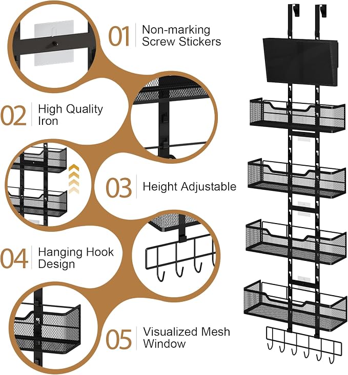 Adjustable Over the Door Pantry Organizer, 5-Tier Metal Pantry Door - Image 4