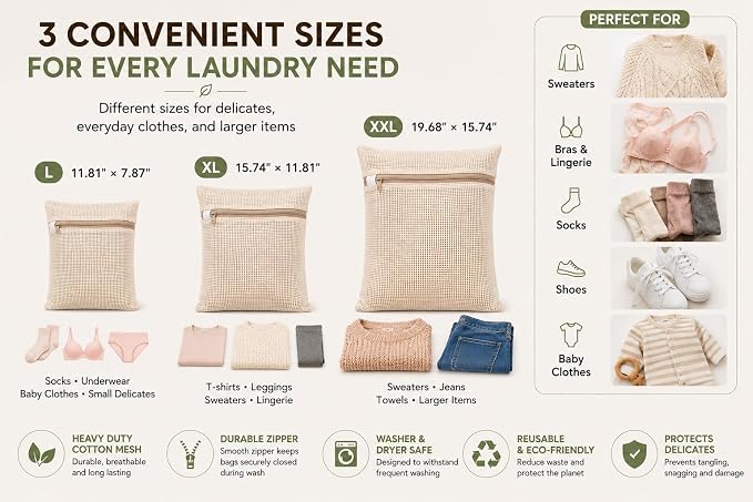 6-Pack Laundry Bags, Durable Cotton Mesh - Image 3