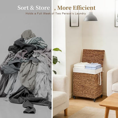 2-Section Laundry Hamper with Lid, Large Capacity Woven Natural Water Hyacinth - Image 8