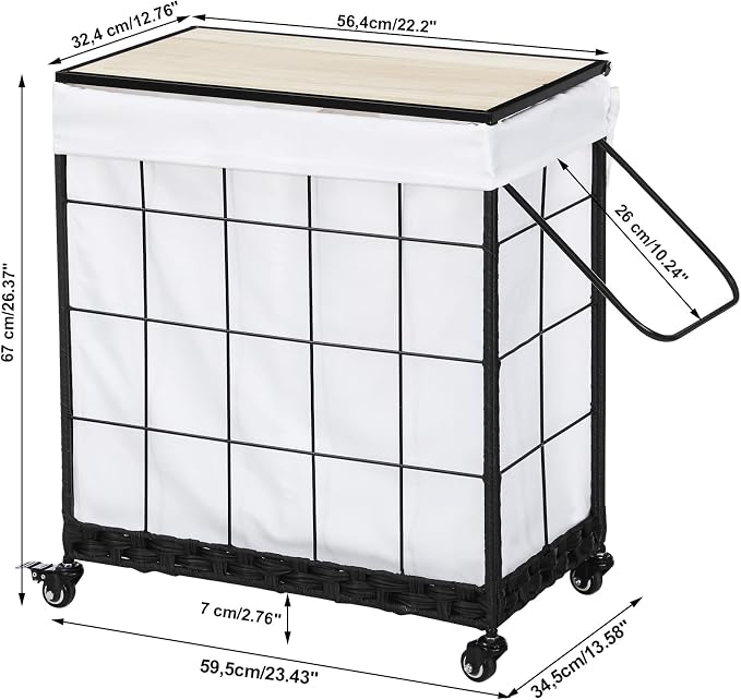 Durable Laundry Hamper with Removable Liner Bag, Heavy Duty Wheels, Wood Lid - Image 7