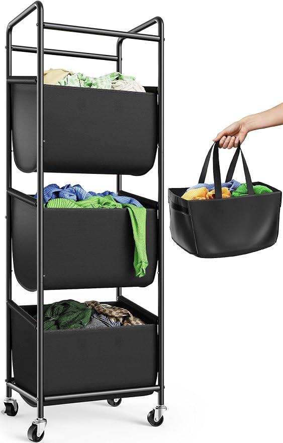 3 Section Laundry Sorter with Removable Bags, 120L Rolling Vertical Laundry by Unknown