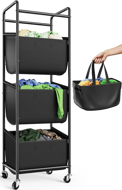 3 Section Laundry Sorter with Removable Bags, 120L Rolling Vertical Laundry by Unknown