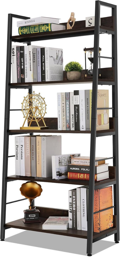 Himimi Industrial Ladder Shelf, Rustic 5 Tier Leaning Bookshelf, Wood Metal by Himimi