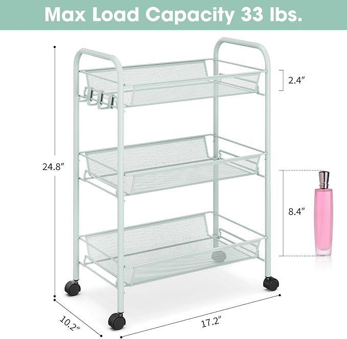 TOOLF 3-Tier Metal Rolling Cart, Mesh Wire Easy Assemble Utility Cart, Storage - Image 6