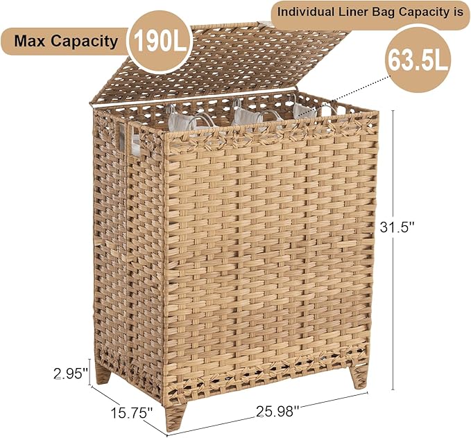 Laundry Hamper with Lid, 190L Large Laundry Basket 3 Section with 6 Removable - Image 4