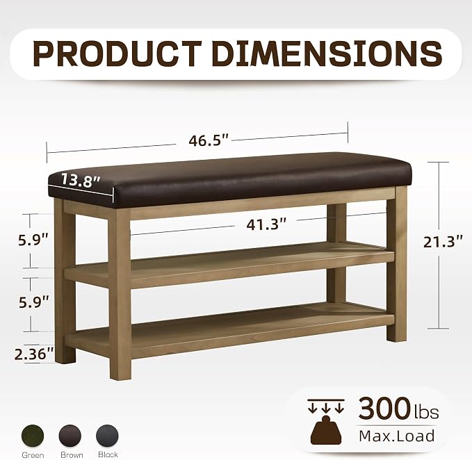 Zihanhome Shoe Rack Bench with Leather Cushion, 2 Tier Solid Wood Storage Bench - Image 2